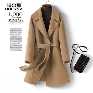 双面羊毛大衣女中长款西装领系带收腰妮子秋冬新款气质羊毛呢外套