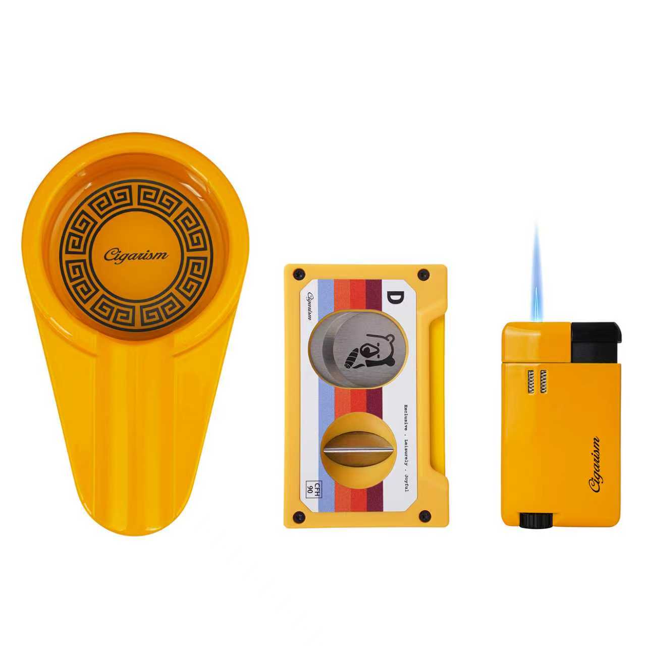 CIGARISM黄色经典多功能雪茄剪打火机烟灰缸高端礼盒礼物三件套装