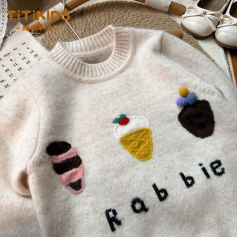 洪叶云台儿童100%山羊绒衫冬季新款加厚刺绣小童宝宝女童针织毛衣