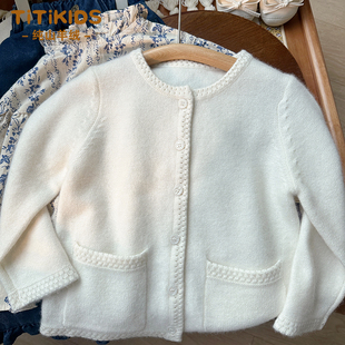 洪叶云台儿童羊绒衫开衫女童100%山羊绒白色毛衣宝宝秋冬加厚外套