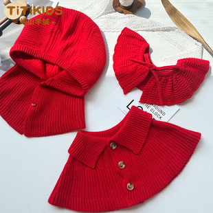 儿童纯山羊绒围巾新款女童假领子宝宝新年红保暖帽子披肩婴儿围脖