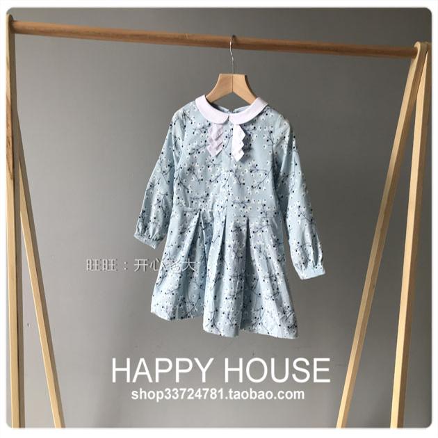 高端童装女童纯棉长袖连衣裙蓝色碎花春秋天裙子白色娃娃领