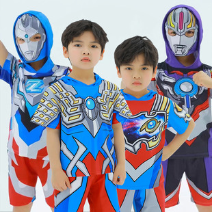 新款奥特曼童装男童面具变身套装英雄装夏季速干T恤短裤运动套装