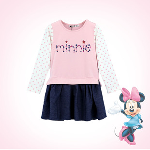 迪士尼童装女童圆领长袖T恤裙卡通春秋款淑女裙中大童纯棉连衣裙