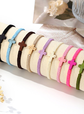 跨境热销松石十字架手工编织手绳男女通用情侣可调节手链沙滩