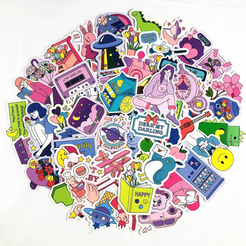 60张韩国ins风文艺青年卡通可爱贴纸防水行李箱汽车装饰sticker