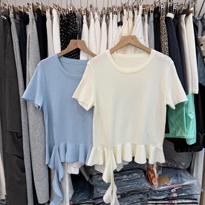 韩系不规则设计飘带圆领短袖针织衫女荷叶边收腰显瘦纯色上衣6780