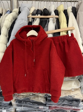 韩版休闲套装女冬季加厚羊羔毛连帽卫衣+松紧腰半身裙两件套5926