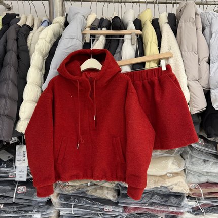 韩版休闲套装女冬季加厚羊羔毛连帽卫衣+松紧腰半身裙两件套5926