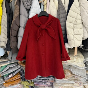 韩系兔耳朵交叉蝴蝶结领红色喜气结婚双面羊绒大衣女宽松外套2527