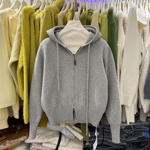 韩系宽松休闲百搭连帽拉链针织开衫女25秋冬加厚短款毛衣外套2580