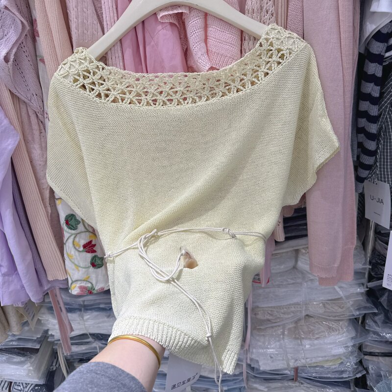 韩系休闲风温柔气质镂空圆领宽松短袖针织衫女配腰带显瘦上衣5099