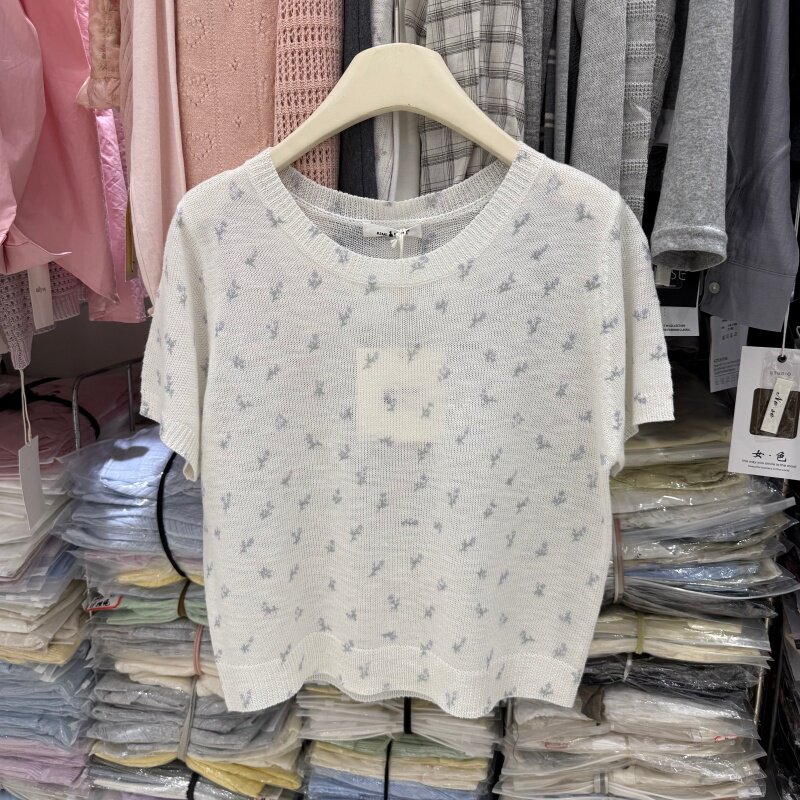 韩系圆领碎花短袖针织衫女2026新款小个子显瘦宽松套头上衣32235