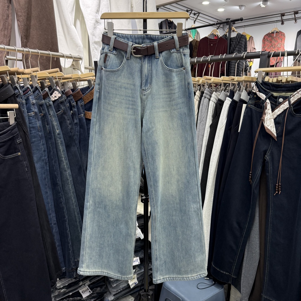 冬季加厚加绒浅蓝色窄版阔腿牛仔裤女显瘦百搭宽松直筒长裤子7509