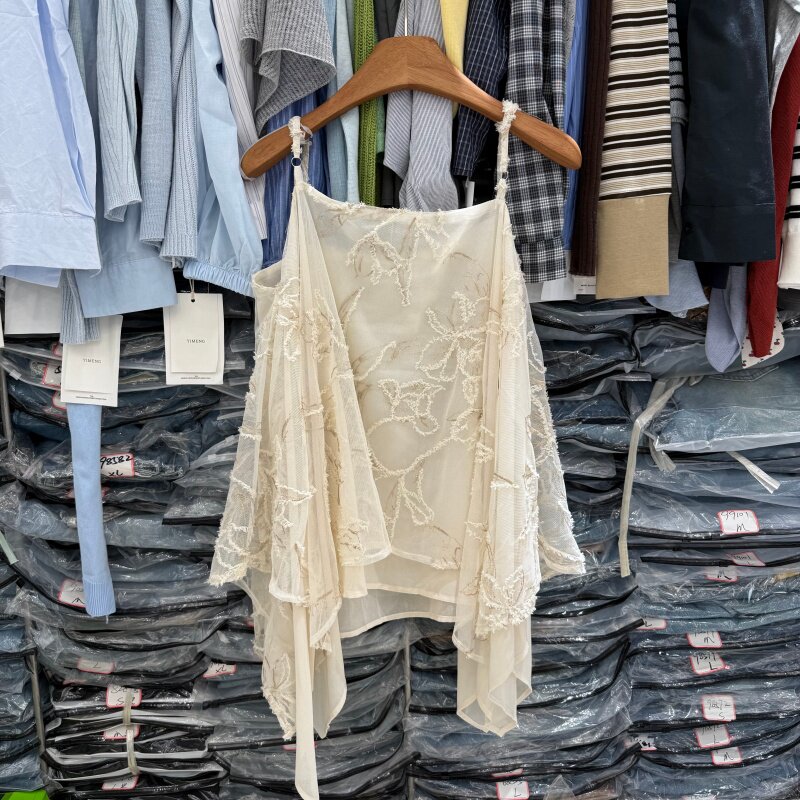 韩系小件温柔蕾丝刺绣吊带背心女外穿不规则下摆宽松无袖上衣8093