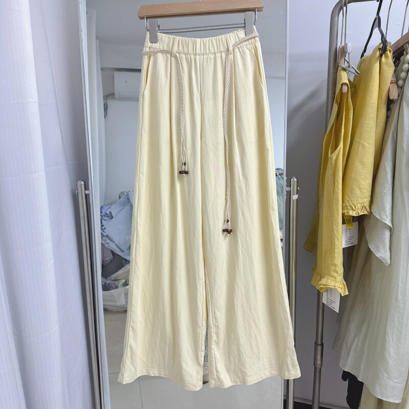 韩系慵懒风浅黄色高腰阔腿裤女夏松紧腰宽松百搭垂感休闲裤97167