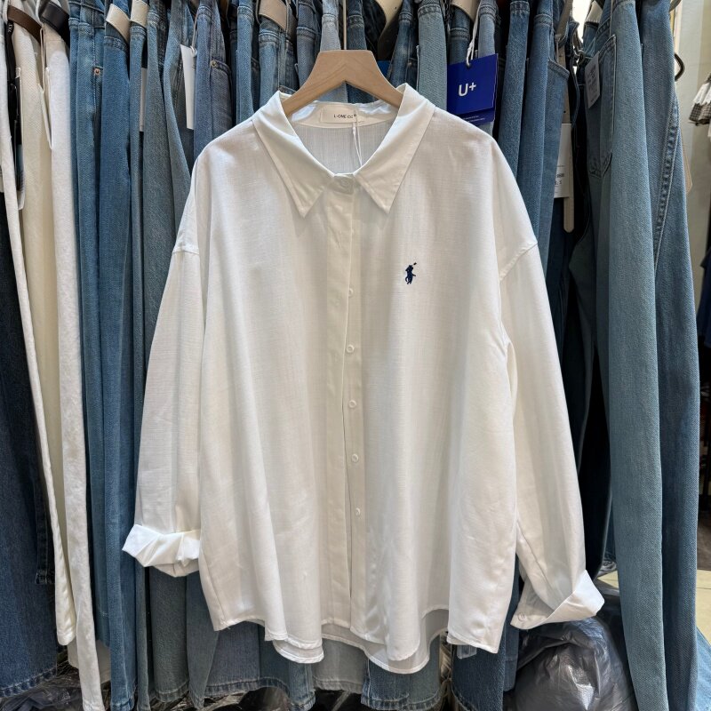 韩系休闲风宽松大版白色长袖衬衫女中长款防晒衬衣polo领上衣2835