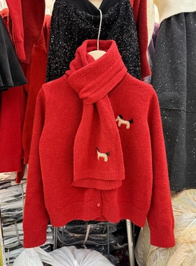 配围巾红色小马毛衣女圆领针织开衫过年内搭外穿休闲小外套75383