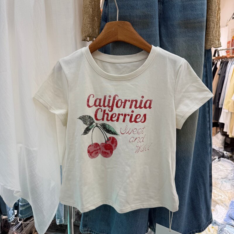 高品质小个子樱桃印花正肩短袖T恤女纯棉休闲高腰修身打底衫2107