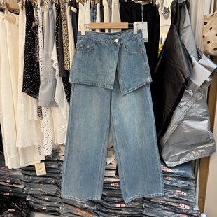 阔腿裤 设计感屁帘两件套直筒裤 88238 女26新款 柔软高腰阔腿牛仔裤