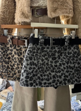 辣妹豹纹毛呢超短裙女洋气高腰显瘦百搭防走光短款A字半身裙9631