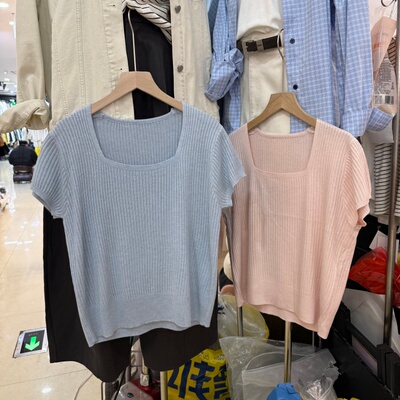 简约风气质方领纯色套头针织衫女春夏短袖上衣宽松百搭打底衫9011