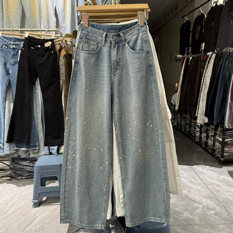 烫钻爆闪阔腿牛仔裤女春季高腰浅色时尚宽松直筒显瘦拖地长裤8077
