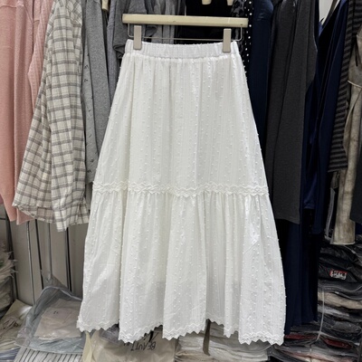 韩系温柔风精致纯白色提花棉质半身中长裙女松紧腰显瘦A字裙6990