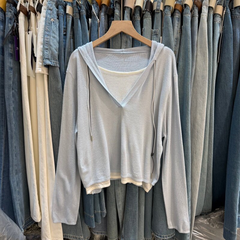 26春夏薄款冰丝小件女连帽拼接假两件长袖套头针织衫休闲上衣8006