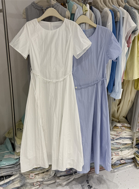 法式极简风收腰显瘦短袖连衣裙女夏季圆领知性气质纯色长裙89983