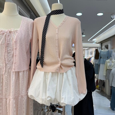 薄款冰丝长袖针织开衫女韩系甜美减龄波点飘带系扣短款上衣32038