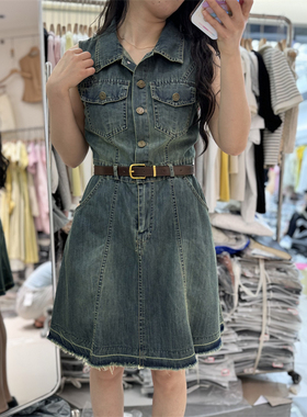 港风气质polo领无袖背心连衣裙女夏季小个子修身显瘦牛仔裙16319