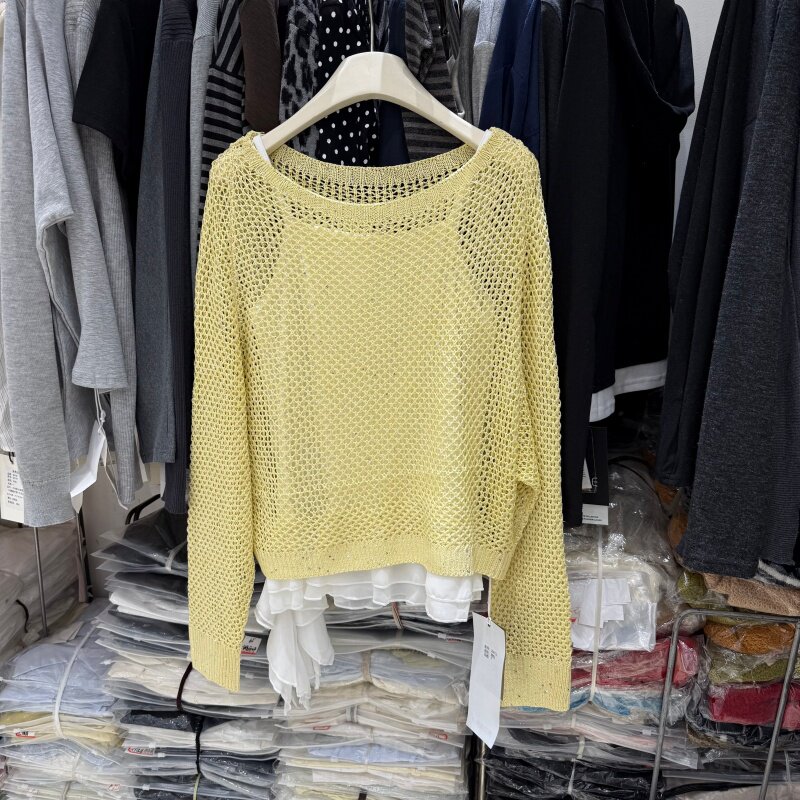 韩系休闲上衣两件套女镂空圆领长袖针织罩衫+荷叶边吊带背心26012