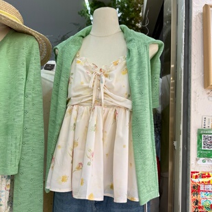 新款 两件套女26春季 气质上衣821 绿色针织开衫 韩系温柔风碎花吊带