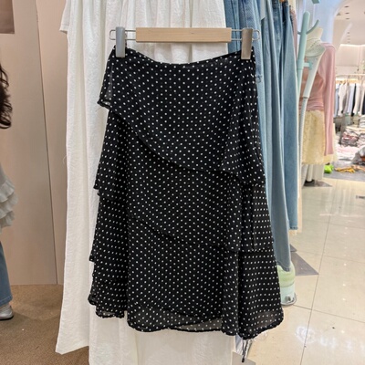 韩系设计感时尚百搭波点半身裙女显瘦雪纺蛋糕裙不规则中长裙6108