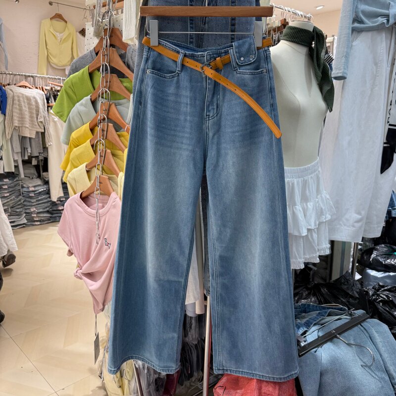 小个子浅蓝色时尚百搭显瘦阔腿牛仔裤女春季 高腰宽松九分裤99101