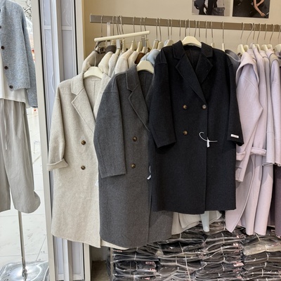 韩系气质双排扣翻领中长款毛呢外套女小个子宽松双面羊绒大衣8801