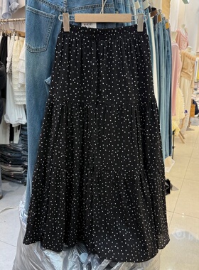 黑色波点半身裙女2026新款温柔风松紧腰雪纺裙A字显瘦中长裙3056