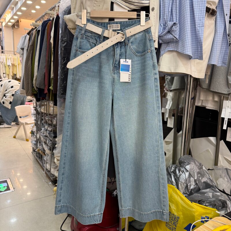 韩系穿搭小个子阔腿牛仔裤女高腰显瘦浅蓝色宽松直筒九分裤68502