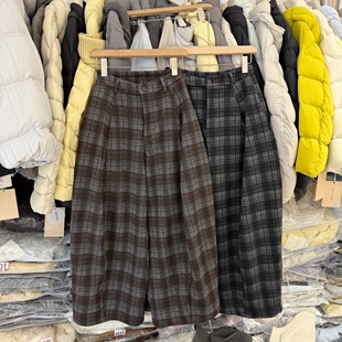韩系加绒加厚冬季宽松阔腿休闲裤女松紧腰复古格子裤弯刀裤7799