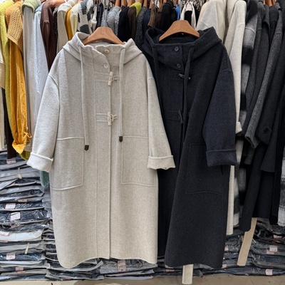 韩版宽松连帽中长款双面羊绒大衣女秋冬新款牛角扣羊毛呢外套3665