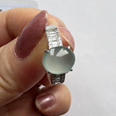 翡翠林 S925银镶电镀24K金 冰透天然A货冰种天空蓝蛋面翡翠戒指