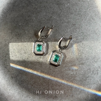 HiOnion原创设计绿色镶钻耳扣复古轻奢耳环情侣耳夹个性小众