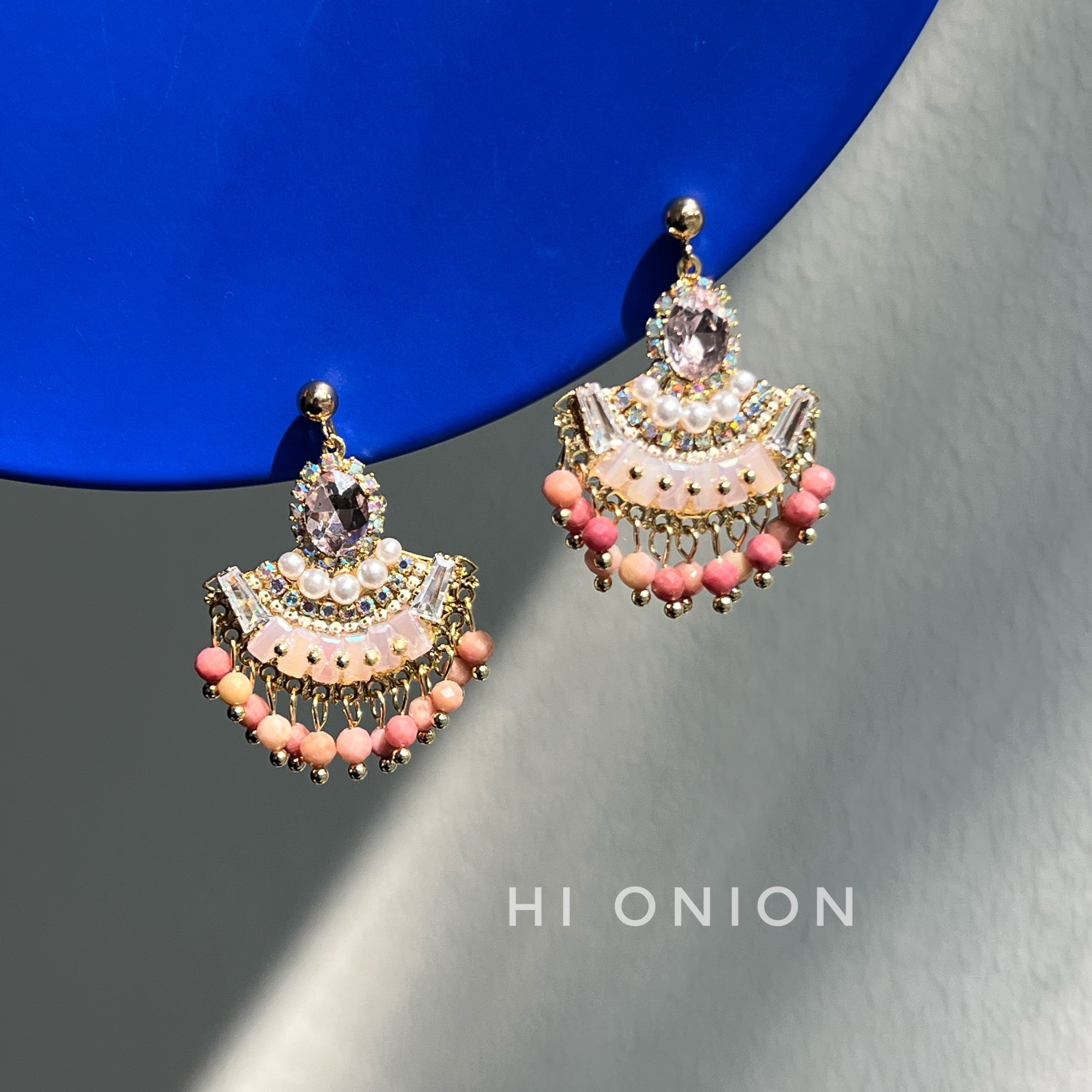 Hi Onion春日来信 小众设计银针复古港风粉色天然石耳钉耳夹高级