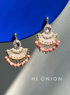 Hi Onion春日来信 小众设计银针复古港风粉色天然石耳钉耳夹高级