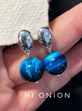 Hi Onion小众天然虎眼石银色耳钉耳夹个性百搭高级清冷耳饰infj