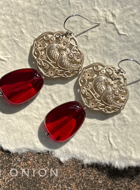 Hi Onion喜鹊报春小众设计做旧酒红色耳环耳夹复古新中式个性耳饰