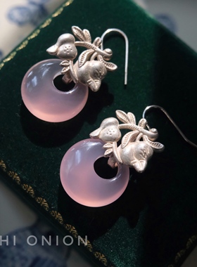 Hi Onion桃夭 原创小众设计国风粉玛瑙银耳环耳夹个性复古新中式