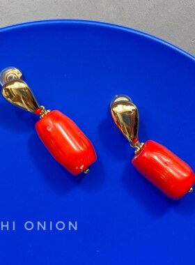 Hi Onion原创小众设计橙红色珊瑚耳钉耳夹复古个性秋冬耳环显白