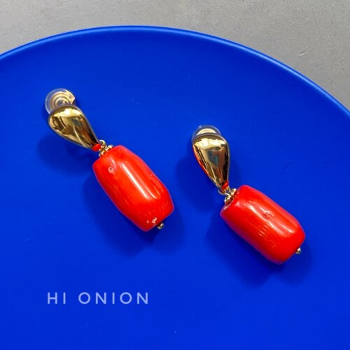 Hi Onion原创小众设计橙红色珊瑚耳钉耳夹复古个性秋冬耳环显白